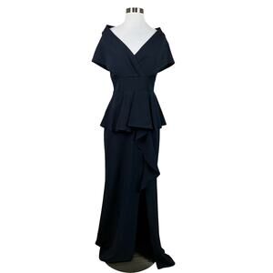 Aidan Mattox Shawl Collar A-Line Evening Gown Blue Size 4 Ruffled Thigh Slit